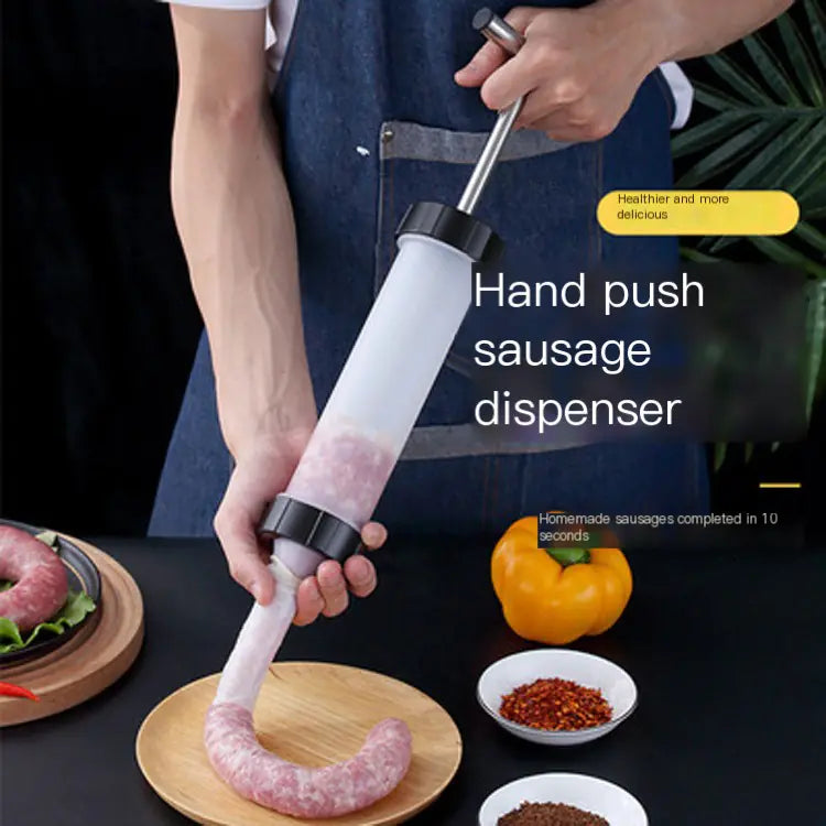 Hand push sausage dispenser being used with ingredients on a table